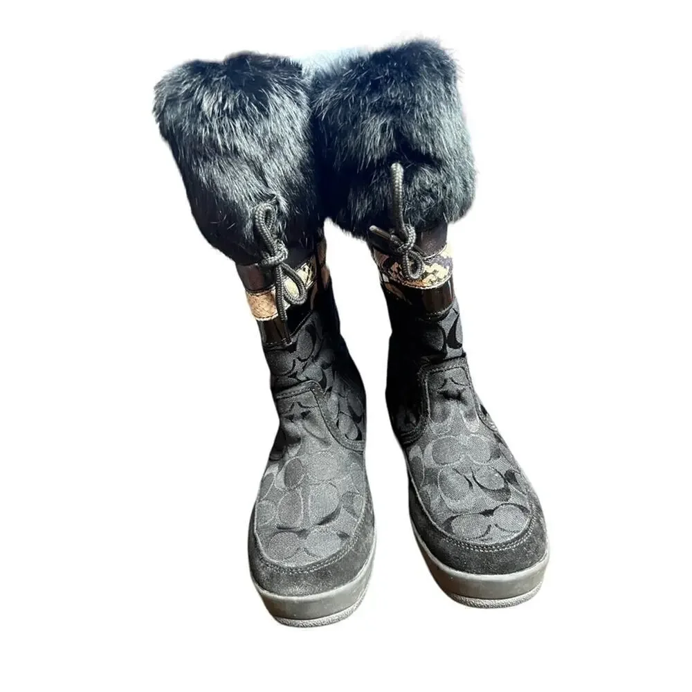 ▶️ Coach ◀️ Lorna Black Monogram Boots With Rabbit Fur Trim Size 7